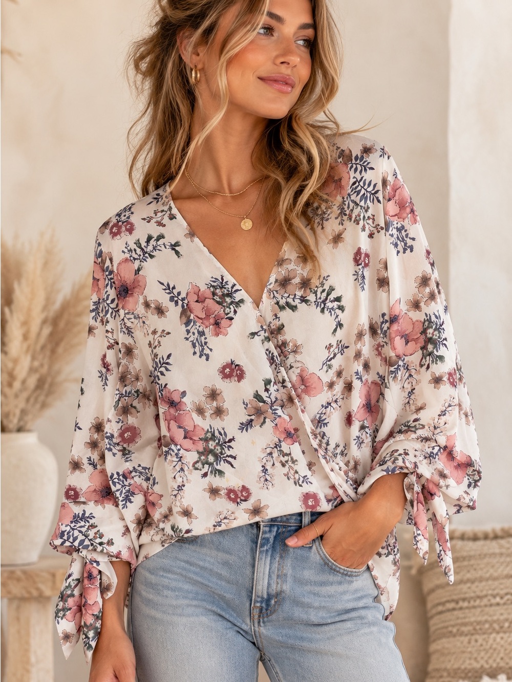 Floral Surplice Wrap Blouse Tie Sleeve Boho Top Size Large